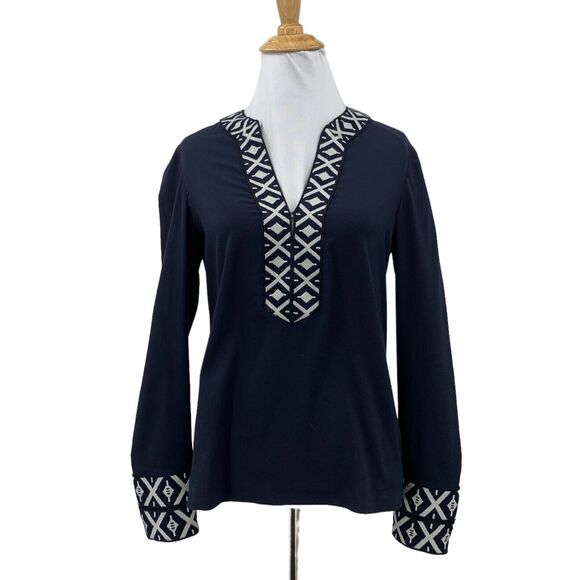 Tory Burch Ariana Tunic Top Womens 0 Zip Cuff Plunge V Neck Embroidered Knit - Picture 1 of 12